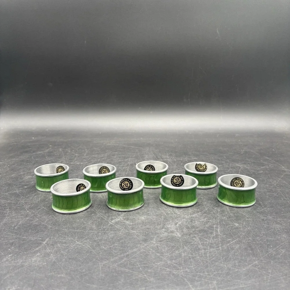 Vtg Set Of 8 Bright Green Enamel Brass Napkin Rings India